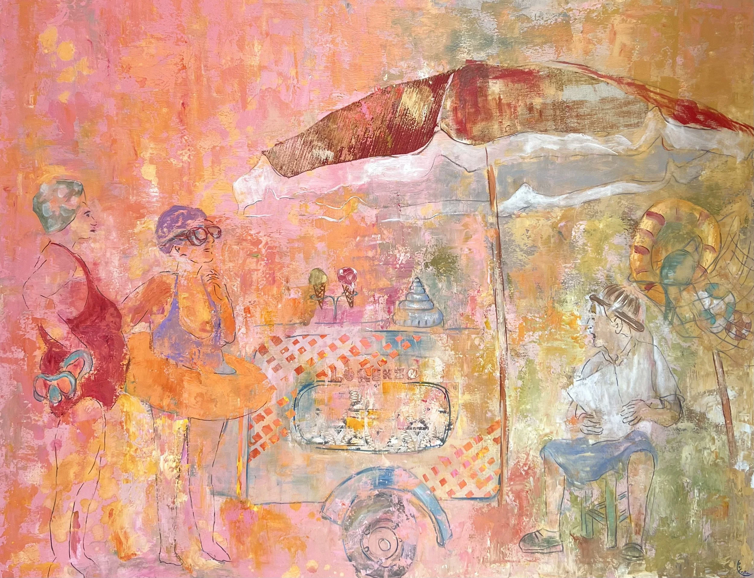 Abstract colorful painting featuring several abstract human figures, a large parasol, and intricate patterns in shades of pink, orange, and yellow.