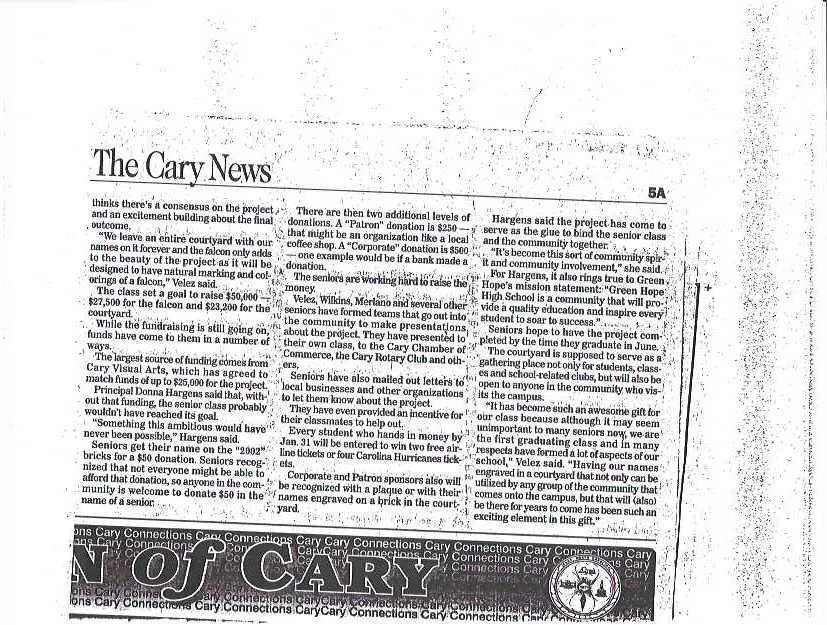 Green Hope Falcon Statue Taking Wings_Feb. 2002_pg. 2 of 2