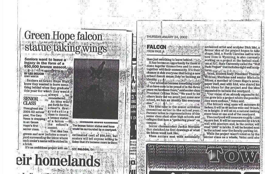 Green Hope Falcon Statue Taking Wings_Feb. 2002_pg. 1 of 2