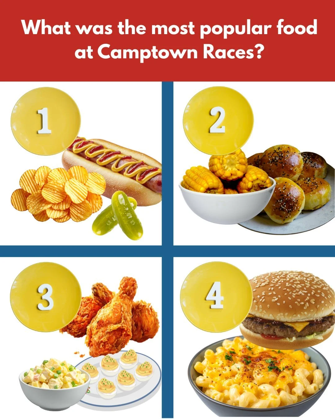 What was the most popular food at Camptown Races?  What do YOU think? 

#1 Hotdogs, chips and pickles
#2 Ham biscuits and corn on the cob
#3 Fried chicken, deviled eggs and potato salad
#4 Hamburgers and mac n' cheese

#AshlandVA #HanoverCounty #Loca