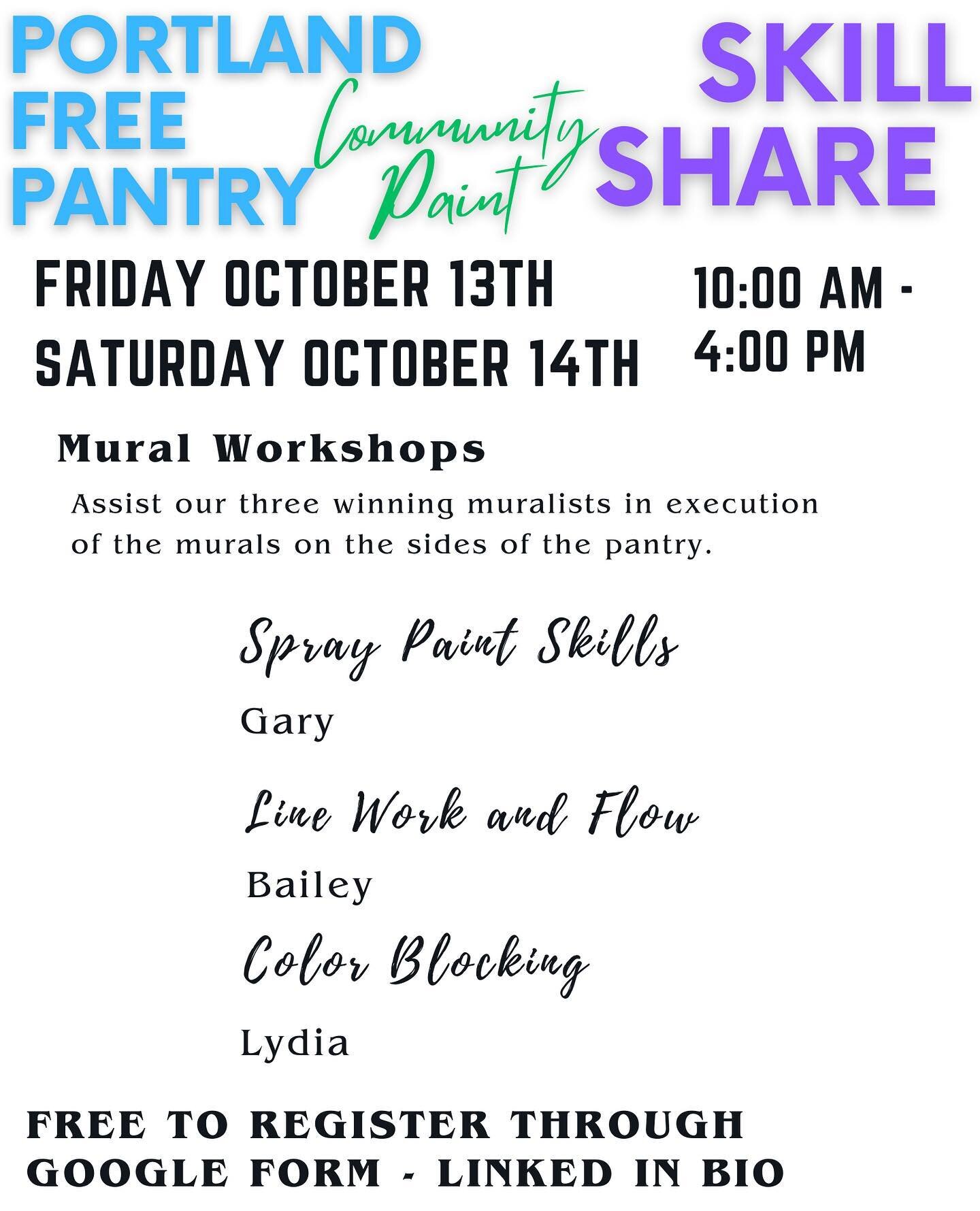 MURAL WORKSHOPS OCTOBER 13th and 14th. Paint away any bad luck from Friday the 13th, meet the winning muralists, and most importantly have a great time. We are so excited to host two upcoming community skill share workshops to execute our winning mur