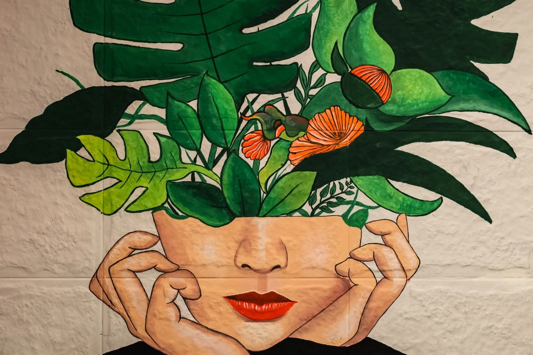painting on a brick wall with a face, lips painted red with tropical plants growing out of the top