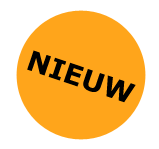 Oranje rondje met de tekst 'NIEUW' in schuine zwarte letters