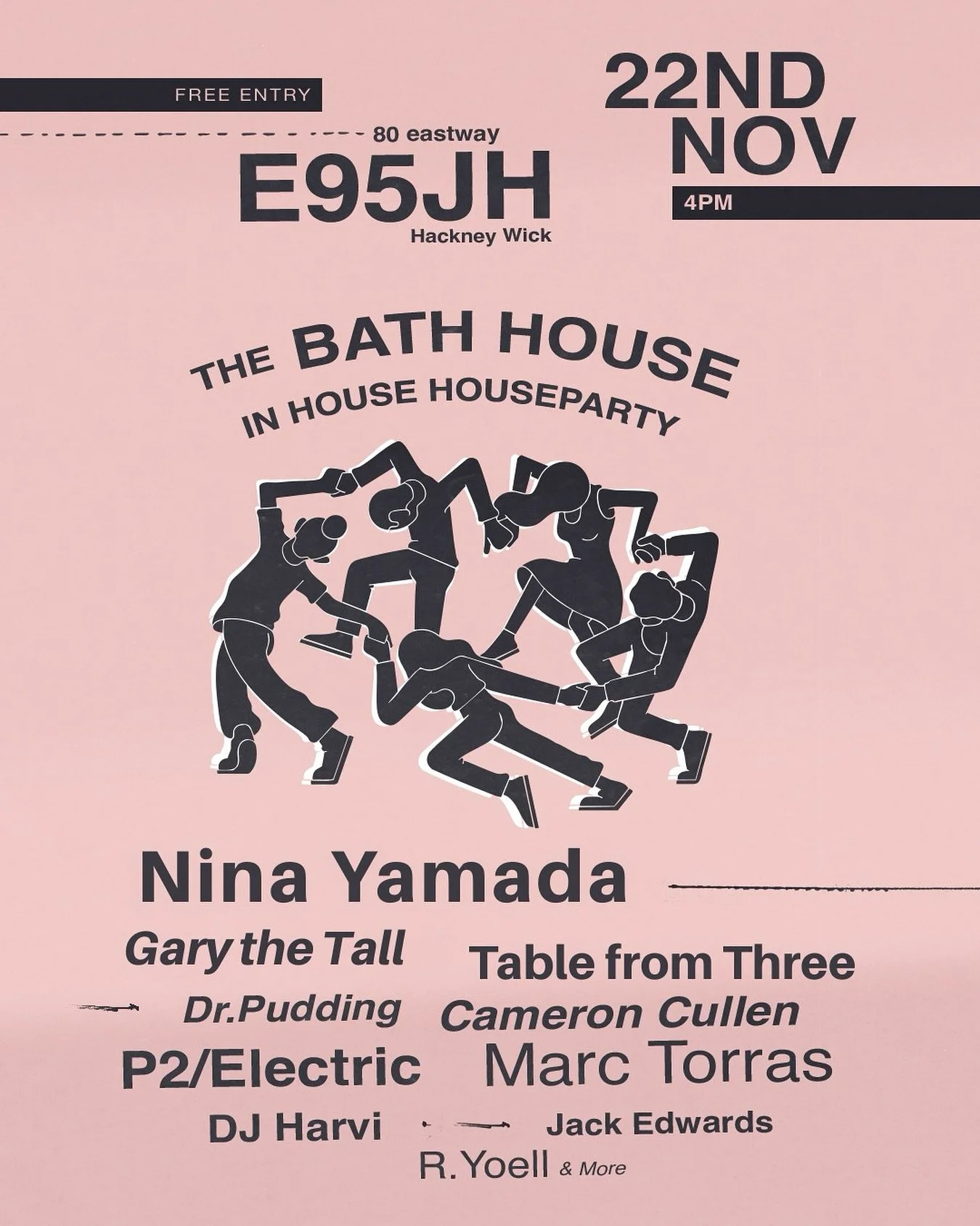 We are throwing a HOUSEPARTY! 

Step inside The Bath House for a no ticket, no guest list day-to-night session 🔊 

Celebrating stripped-back grooves and intimate dance-floor energy 🖤

Join us in Hackney Wick for a deep session featuring:
Nina Yamad