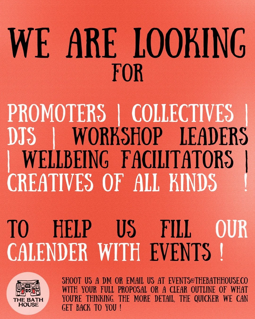 Calling all creatives! 🎵 

We&rsquo;re on the hunt for fresh &amp; familiar faces to help fill our events calendar with awesome stuff! 

Are you a Promoter with a vision, a DJ ready to take over the decks or a part of a collective? Do run workshops 