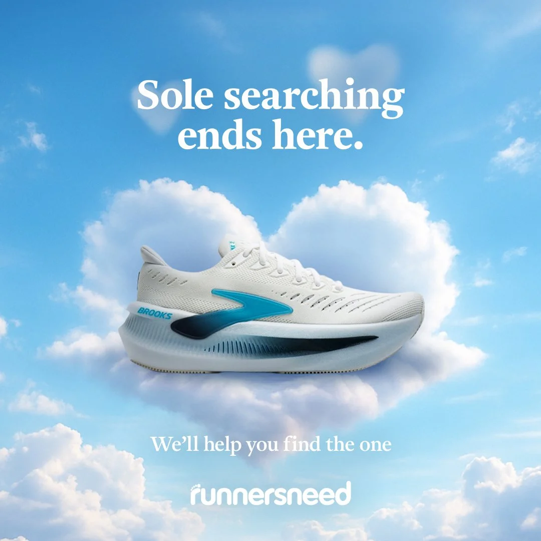 An advertisement with a running shoe floating on clouds in a blue sky with the text 'Sole searching ends here. We'll help you find the one' and the logo 'runnersneed'.