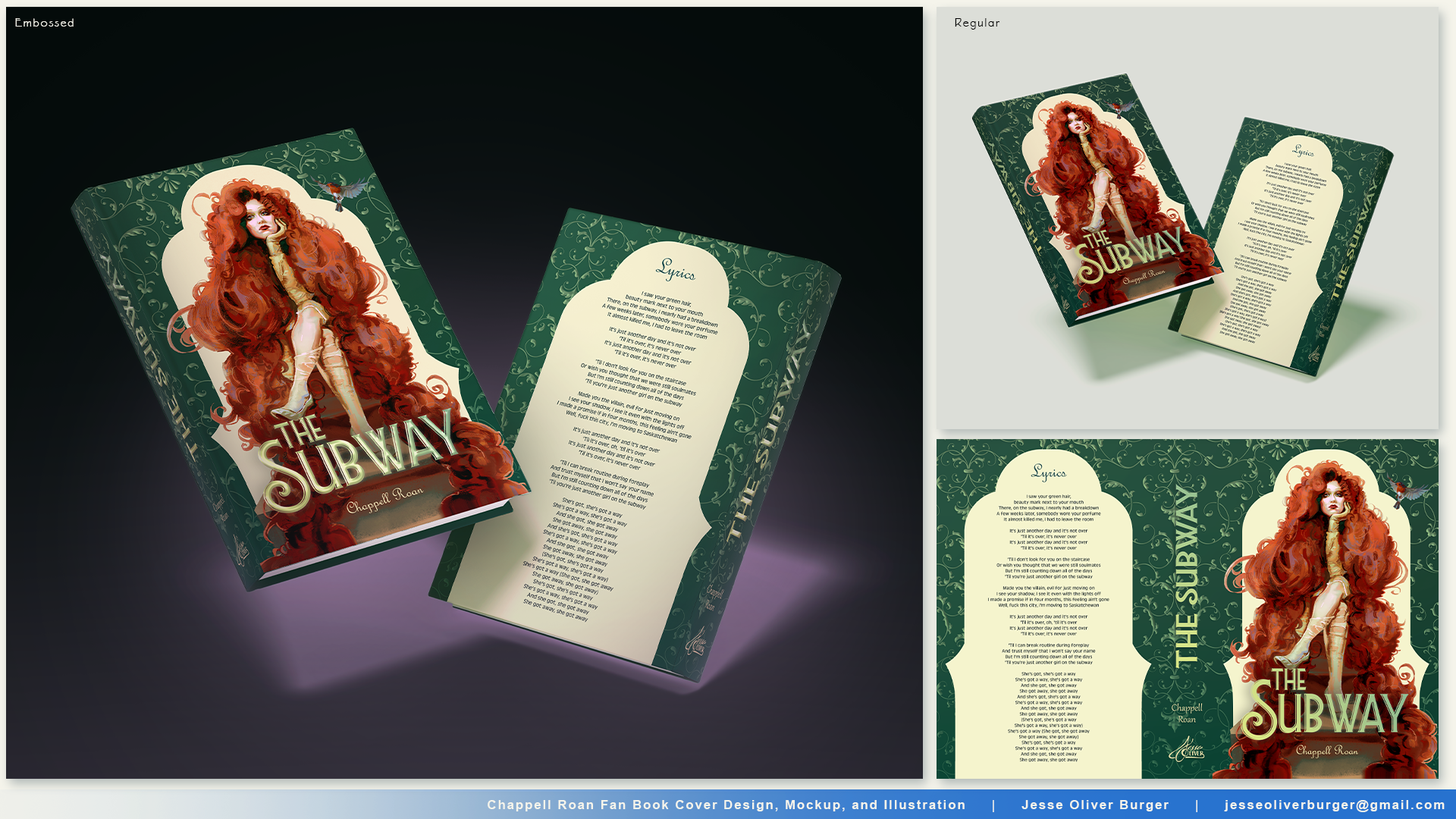Three images of a fan book cover and interior design for 'The Subway' by Chappell Roan, featuring an illustration of a woman with long, curly red hair and roller skates, set against a green ornate background with decorative swirls.