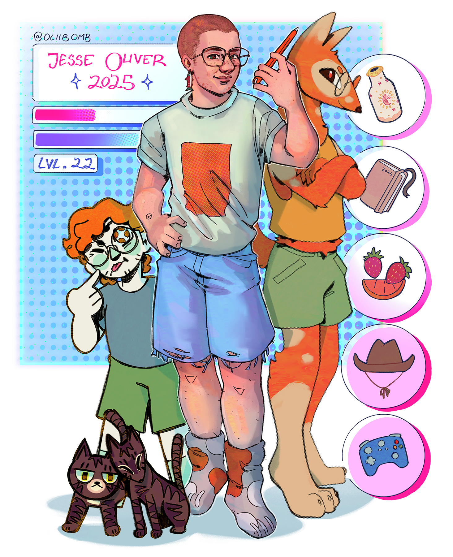 Digital illustration of a young person with glasses, red hair, and casual clothing standing with two cartoon characters, a cat and a dog, and two cats on the ground. The background resembles a digital profile card with the name Jesse Oliver, 2025, and level 22, surrounded by icons of a potion bottle, notebook, strawberries, a cowboy hat, and a game controller.