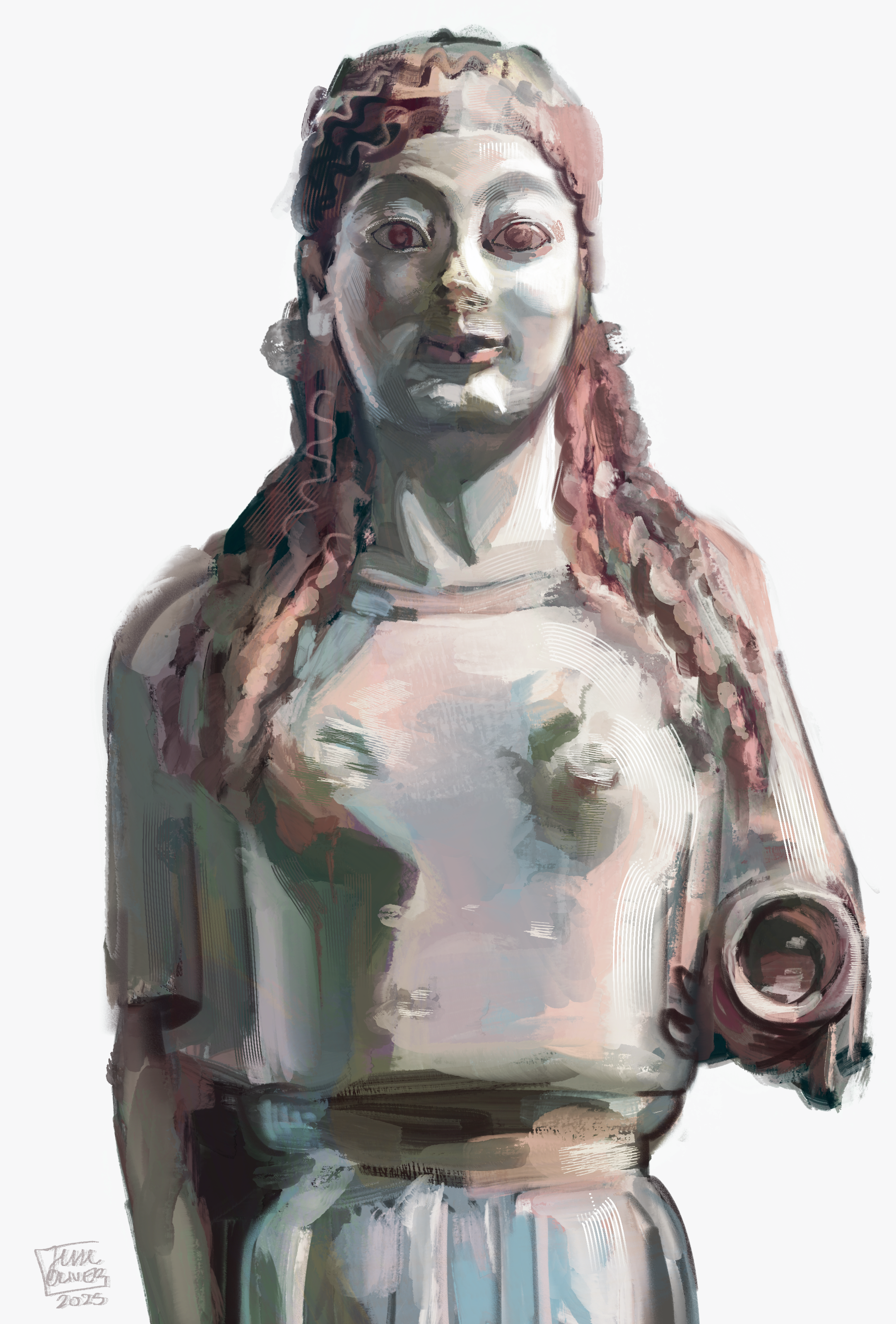 Digital painting of an ancient bust sculpture of a woman with detailed hair and facial features, wearing a flowy dress and standing against a plain white background.