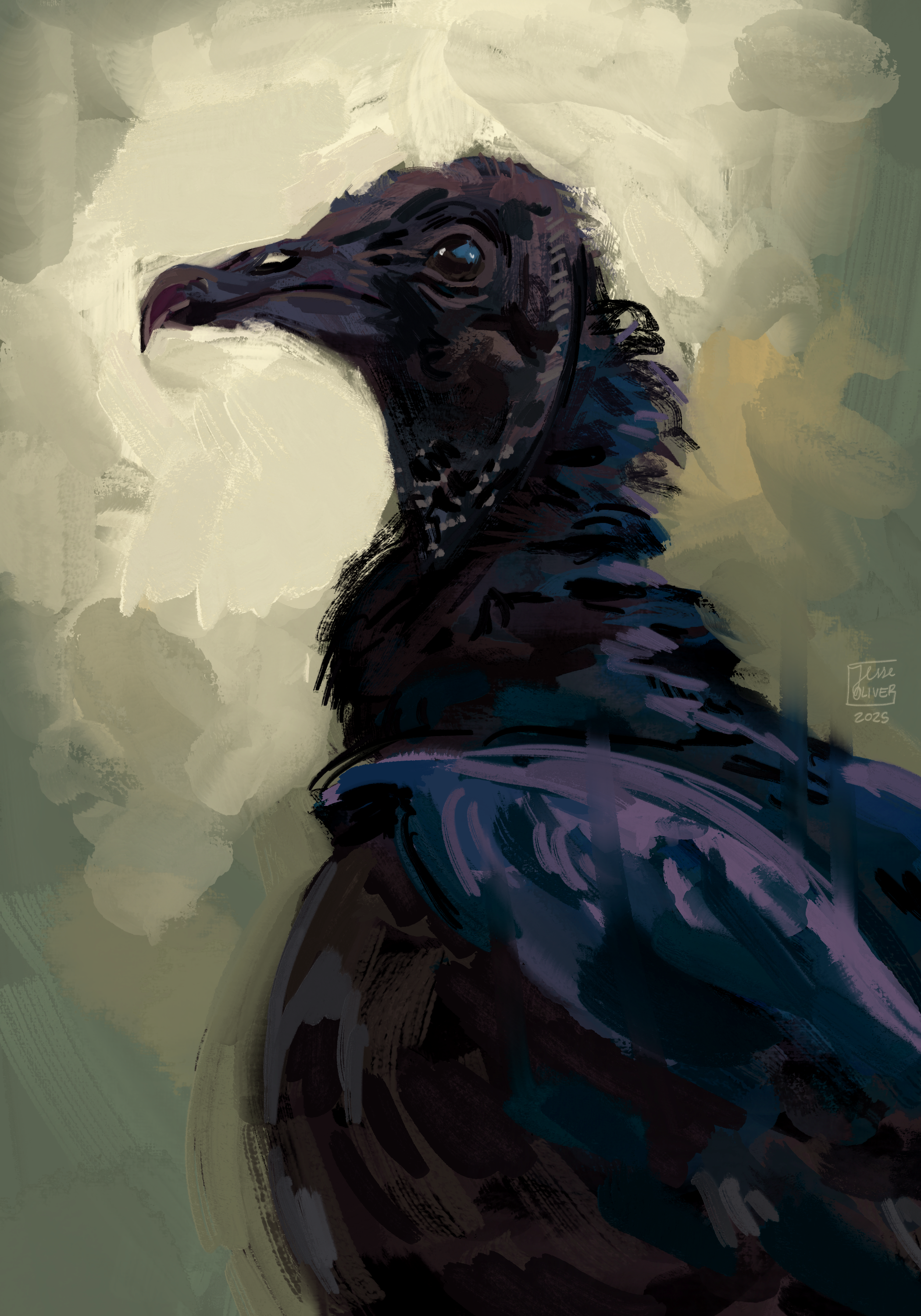 Digital painting of a stylized bird with dark shades, sharp beak, and colorful feathers, facing to the left with a light, abstract background.