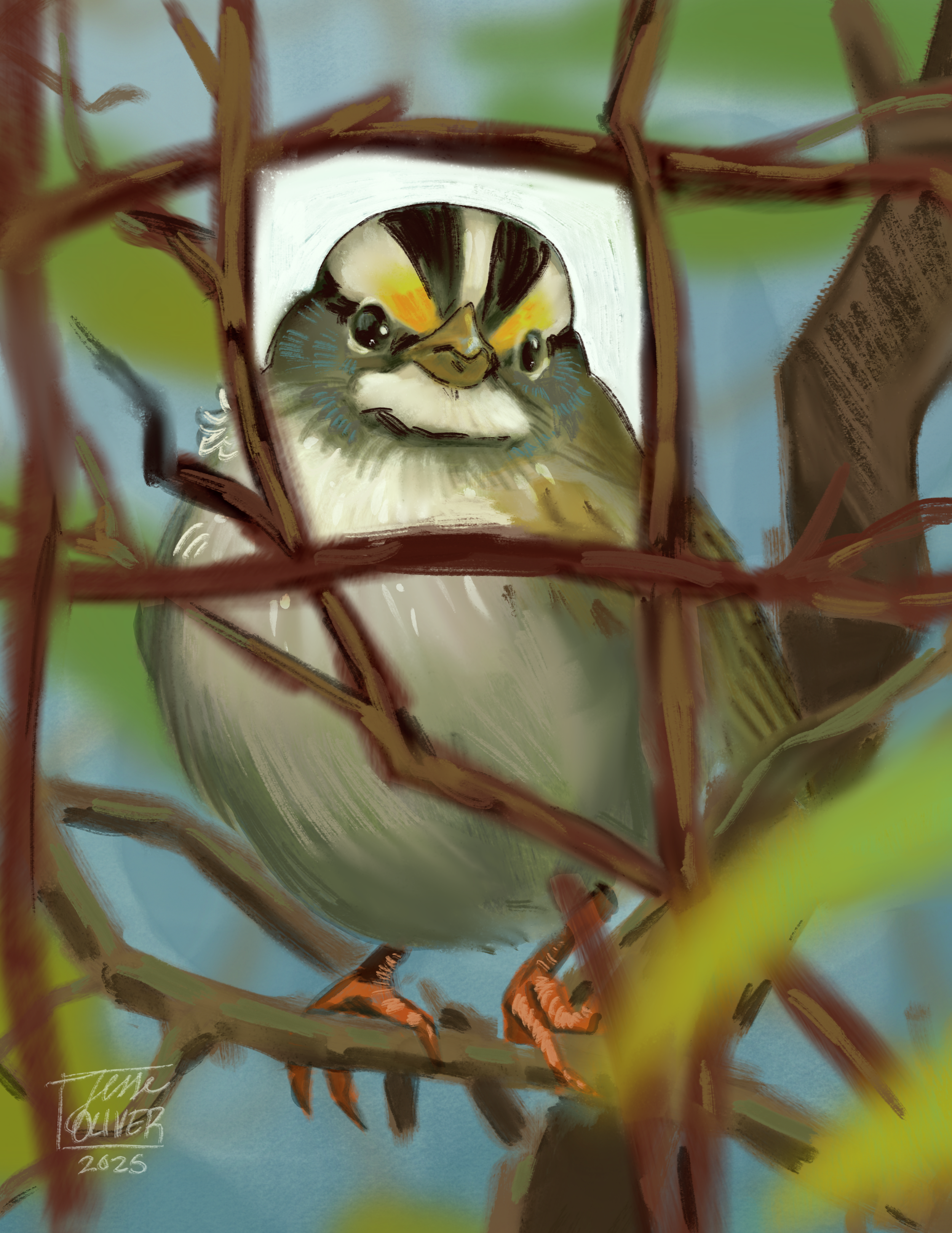 A colorful digital painting of a small bird perched on a branch, viewed through a window or mirror, with branches and leaves in the foreground and background.