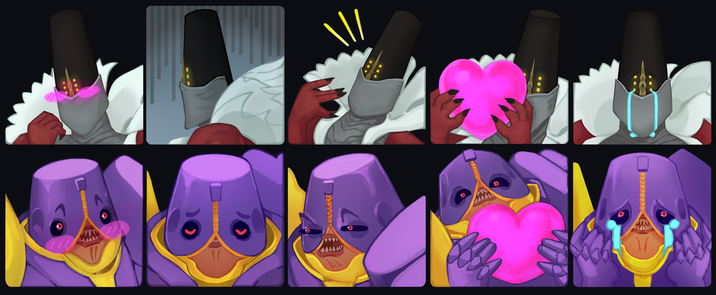 A comic-style illustration featuring two characters: a geometric-faced character with a tall black head and white collar, and a purple, monster-like character with spikes. The first character is shown in five panels: first with pink glowing glasses, 