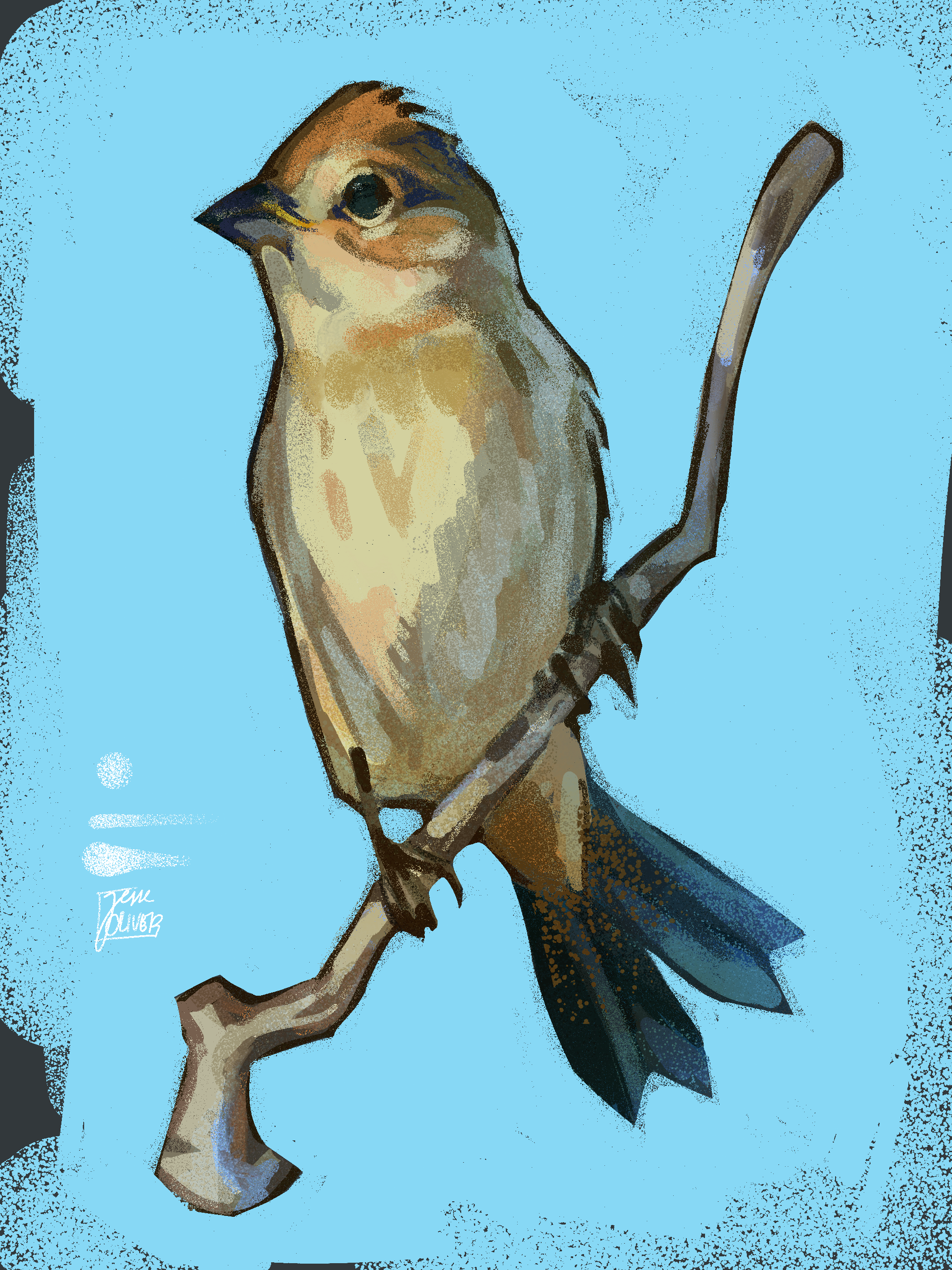 A painting of a bird perched on a branch against a blue background.