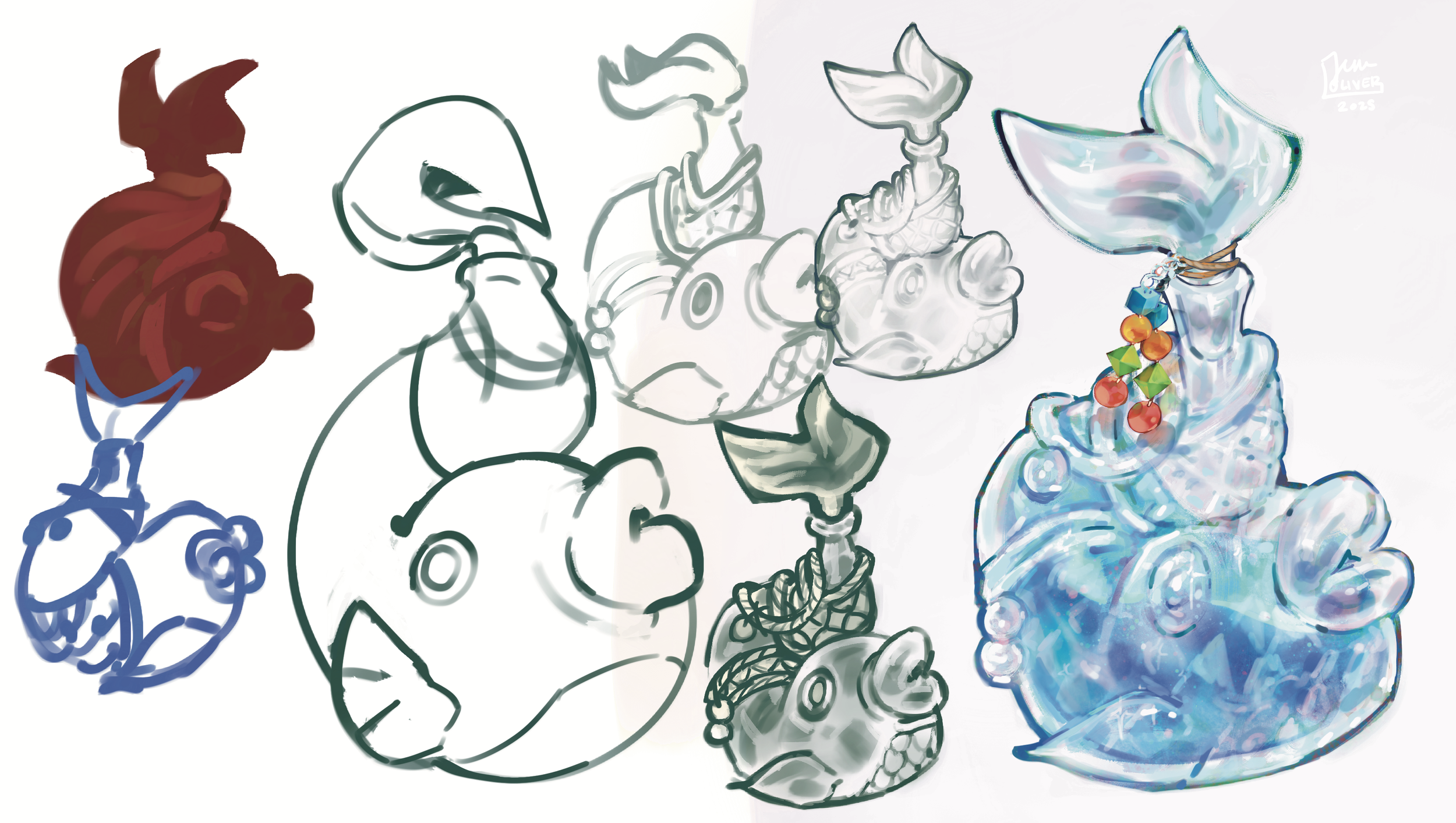 Progression of a fish-shaped wand from outline sketches to a colored, detailed, iridescent sculpture with beads and ribbons.