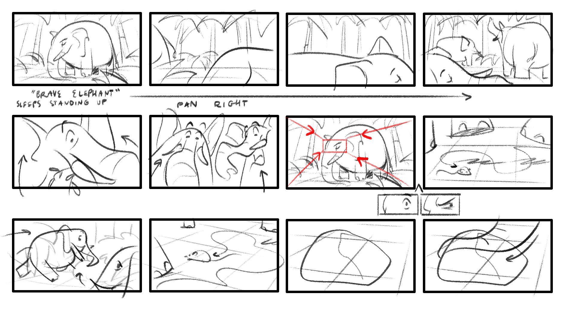 Thumbnails of the first scene that I made before the storyboard