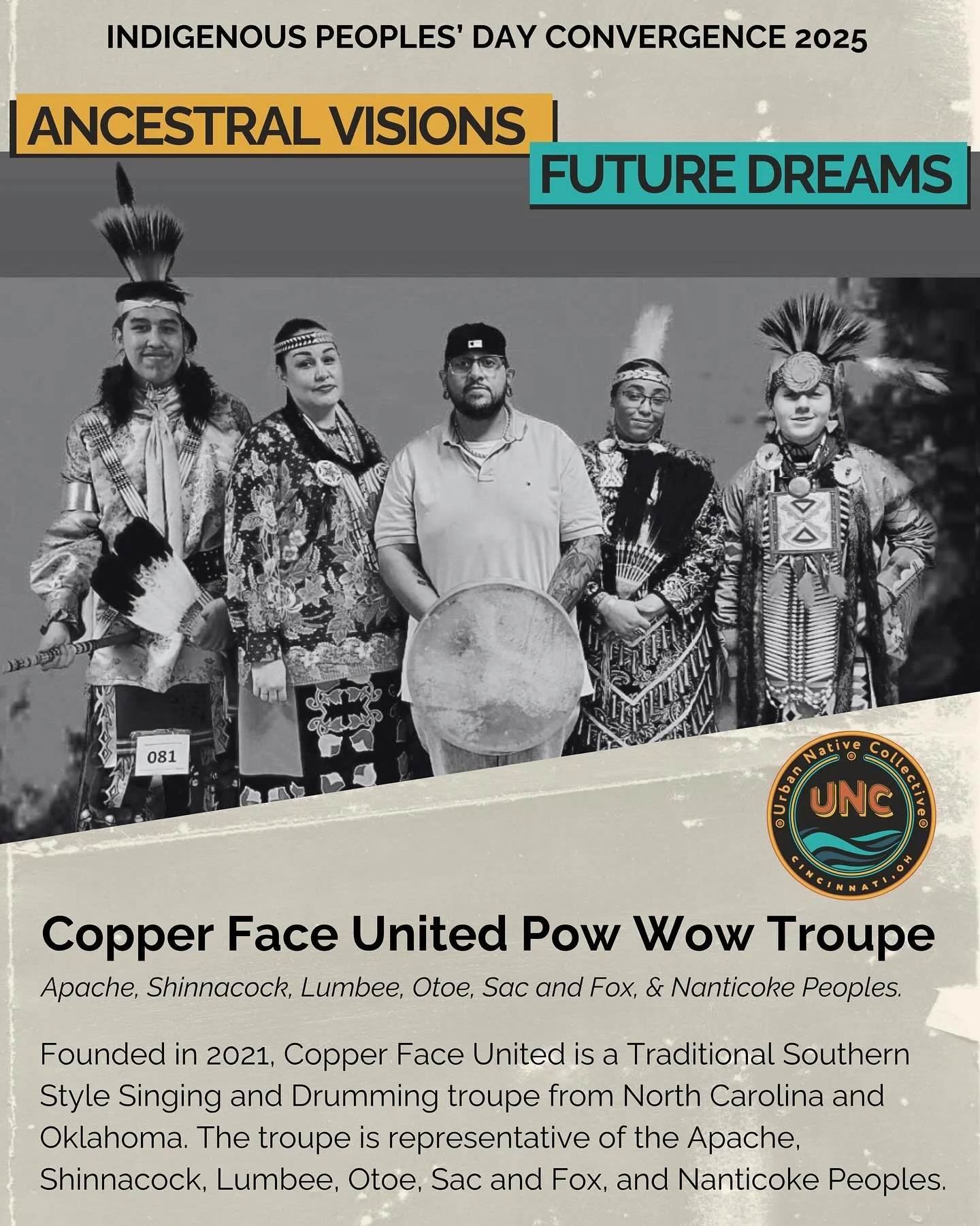 For the third year in a row, we are thrilled to welcome back our relatives, Copper Face United! @copperfaceunited 

Founded in 2021, Copper Face United is a Traditional Southern Style Singing and Drumming troupe from North Carolina and Oklahoma. The 