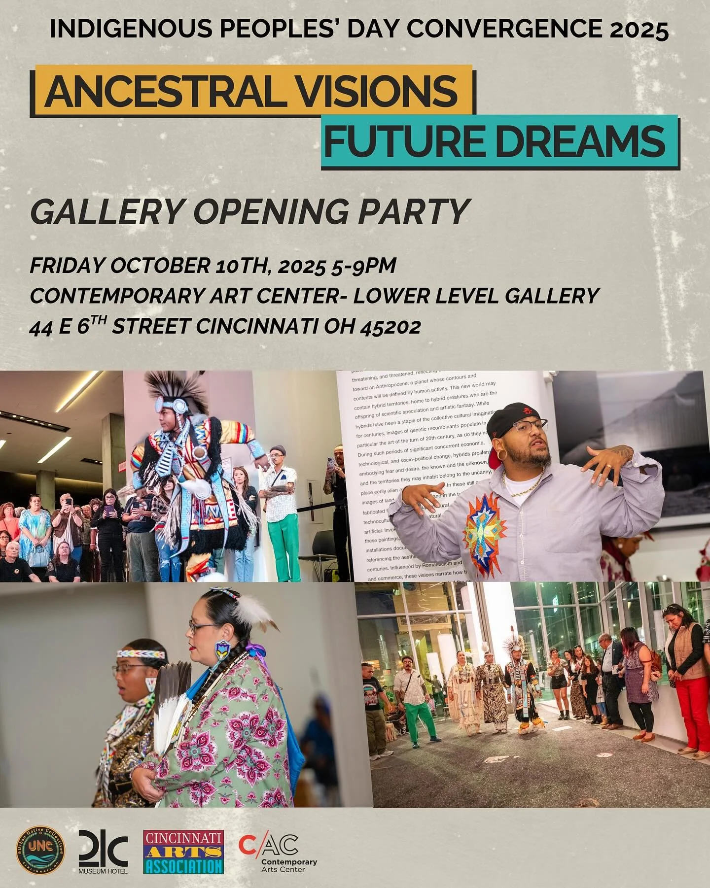 Our Opening Party is THIS FRIDAY!! 🎉 

We kick off at 5pm in the lower level of the Contemporary Art Center (CAC) with the opening of our Ancestral Visions exhibition, DJ Creepingbear spinning beats, and Indigenous Chef serving food. 
At 7pm, in the