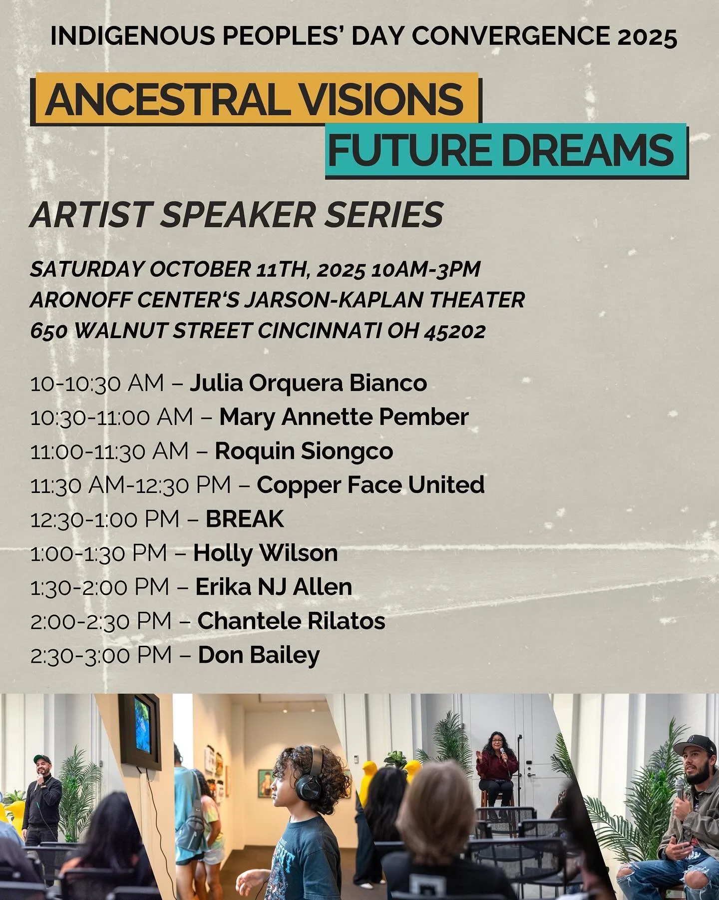 THIS SATURDAY we have a jam packed day of incredible speakers and performers!

You&rsquo;ll hear from the artists in our Ancestral Visions, Future Dreams exhibition, with a performance from Copper Face United around midday. 

Be sure to follow the li