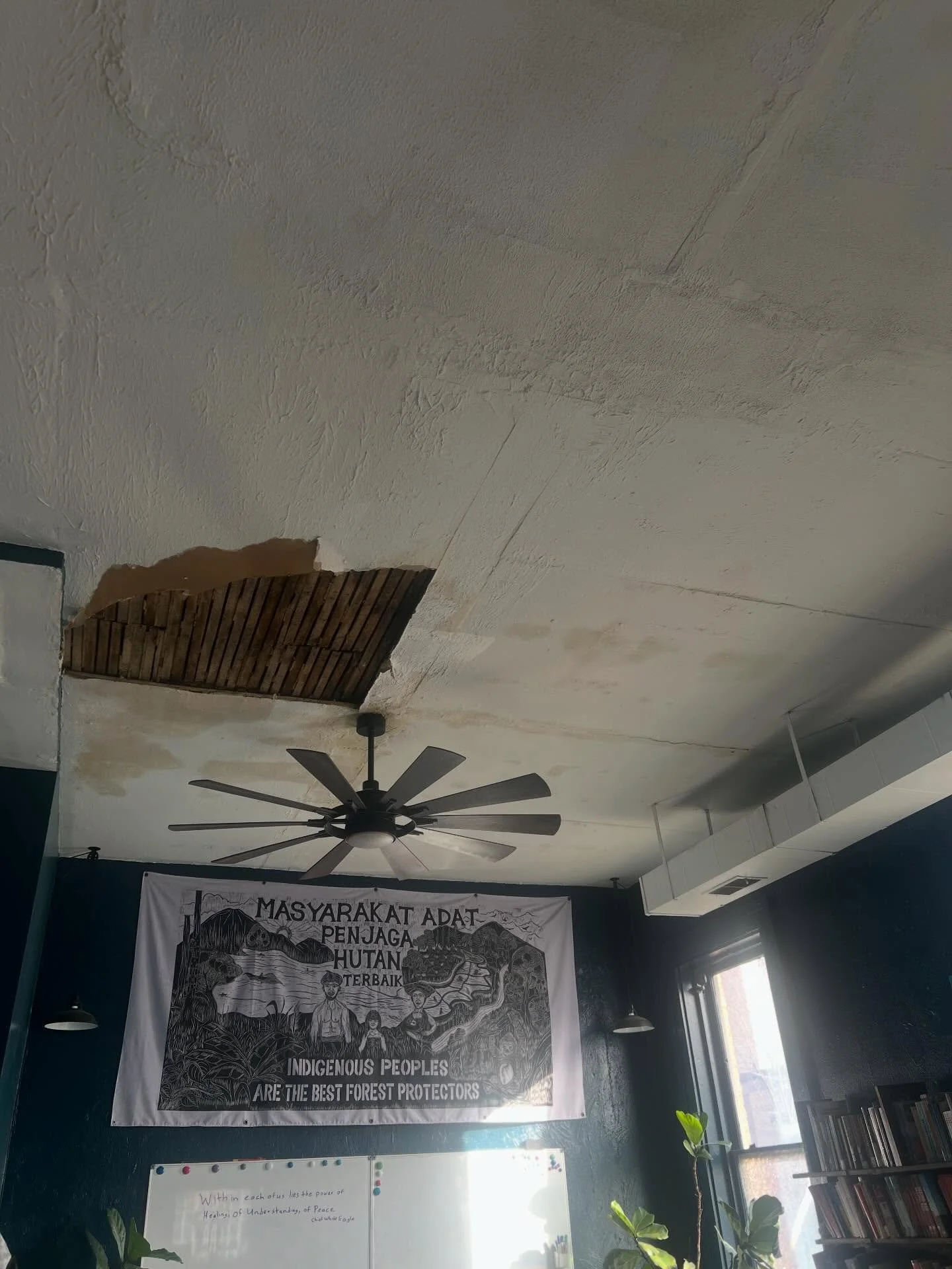 Our community space experienced damage due to a plumbing issue in the unit above us, today. Thankfully, no one was harmed.

We are deeply grateful to the Northside community members who showed up immediately to help contain the situation and care for