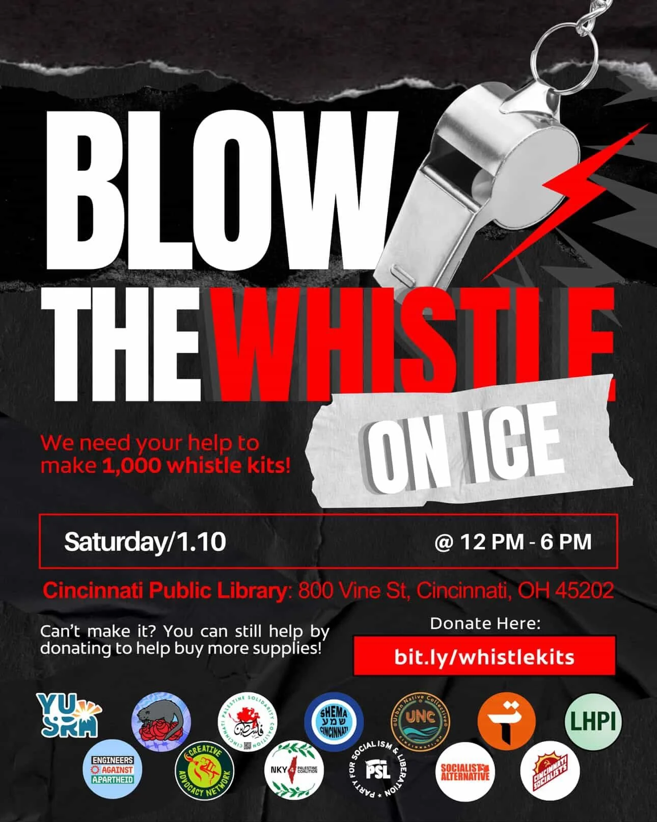 As 🧊 activity escalates across Ohio, Cincinnati is preparing to protect our community.

📅 Sat, Jan 10 | 12 PM&ndash;6 PM
📍 Cincinnati Public Library (Vine St.)

Join us for a Community Defense Build Day to assemble whistle kits and learn how commu