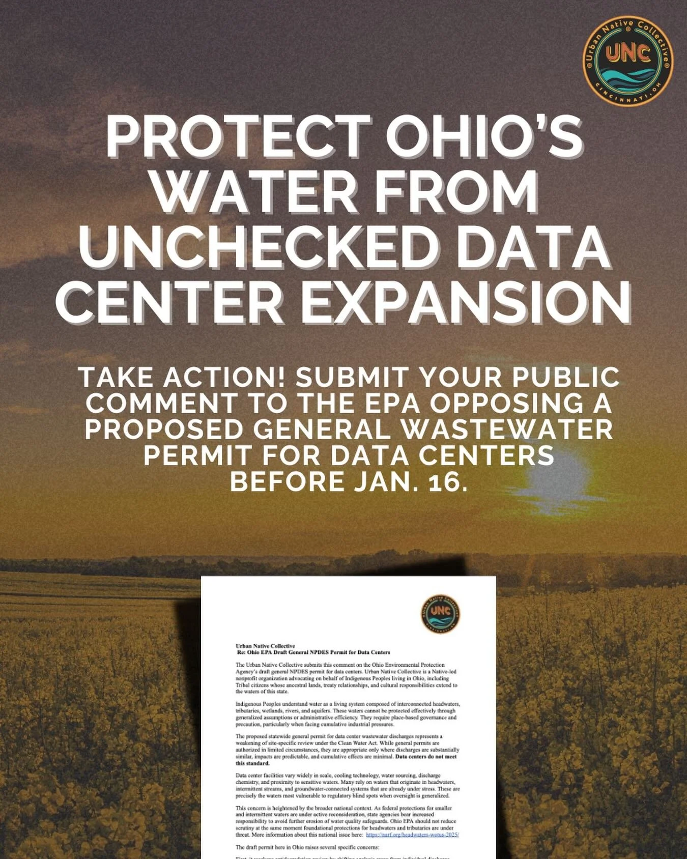 URBAN NATIVE COLLECTIVE HAS SUBMITTED FORMAL PUBLIC COMMENTS TO THE OHIO ENVIRONMENTAL PROTECTION AGENCY OPPOSING A PROPOSED GENERAL WASTEWATER PERMIT FOR DATA CENTERS.

Public comments play a critical role in environmental permitting decisions. Ohio