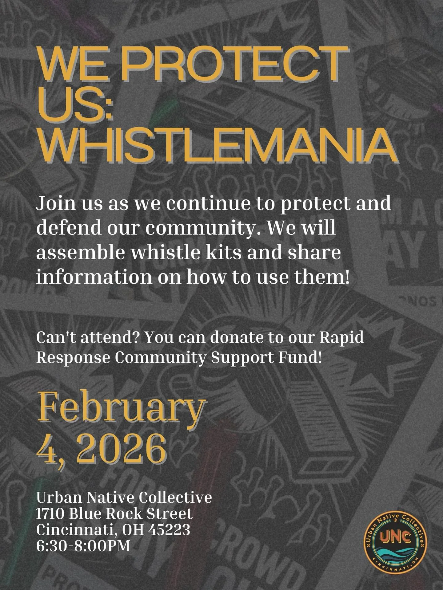 Join us as we continue to protect and defend our community.

We will assemble kits containing whistles, red cards, and zines on how to use the whistles. 

Come by any time to build kits, learn how they are used, or plug into community.

Can&rsquo;t a