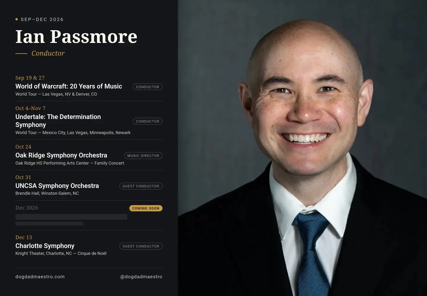 So many of my conductor friends are sharing these beautiful graphics promoting the first half of the 26/27 concert season &mdash; so I thought I'd join the fun! 🥳

Hope to see you somewhere soon! 🤗

(Also, peep that December "coming soon"