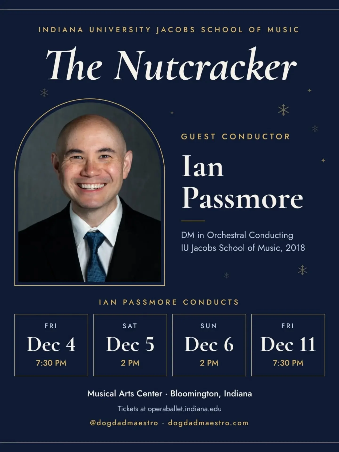 I'm excited to return to my alma mater Indiana University Jacobs School of Music, to teach and conduct their beautiful production of Tchaikovsky's Nutcracker! 🎄🎁

I learned so much as a doctoral student there from 2014-17, and I'm honored by the op