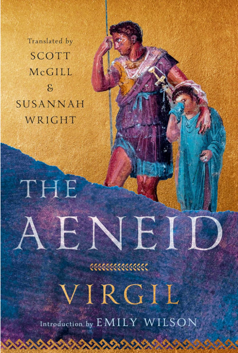 Book cover of 'The Aeneid' translated by Scott McGill and Susannah Wright, with an illustration of Aeneas and a woman walking together, looking thoughtful.