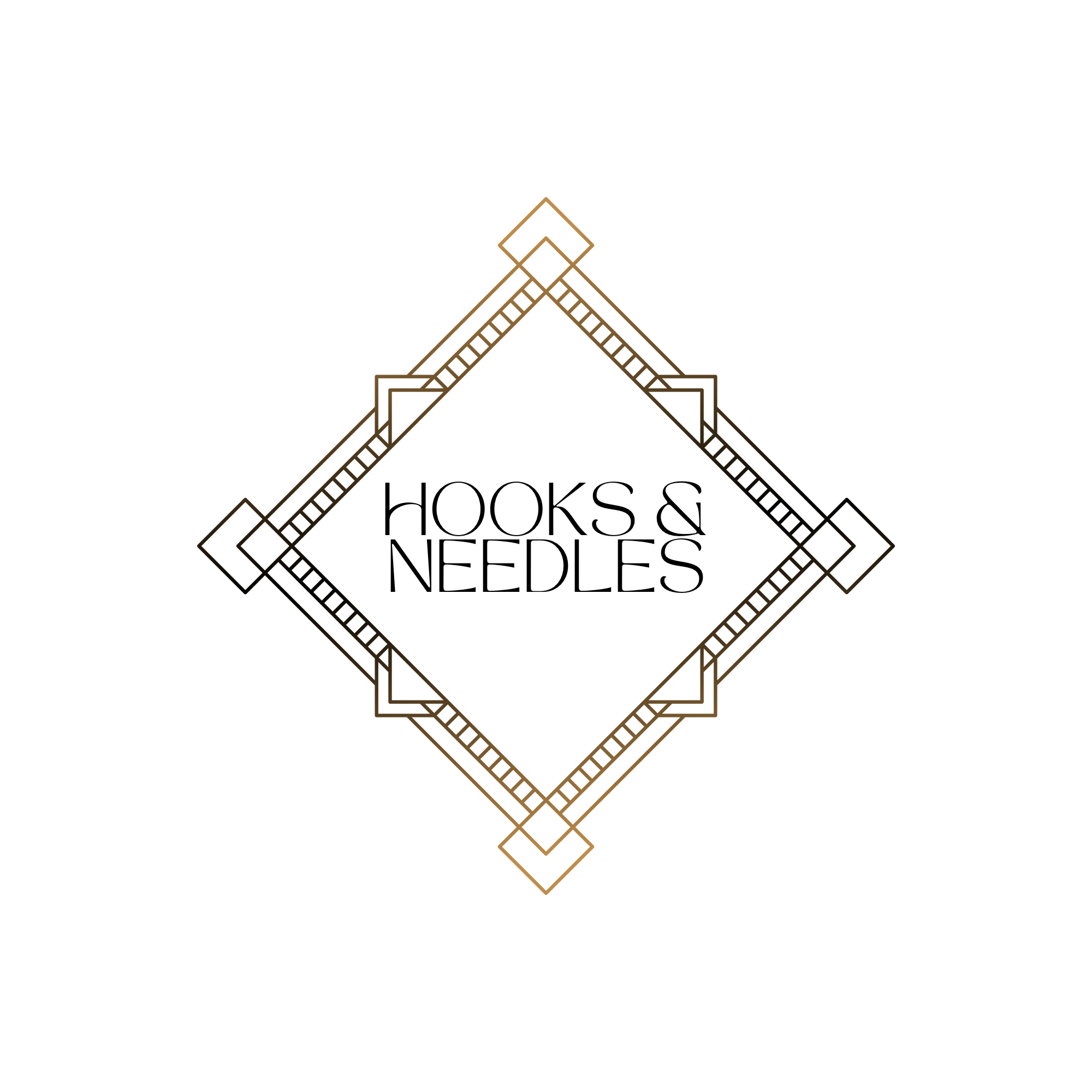 Logo for Hooks & Needles, featuring geometric lines and diamond shapes.