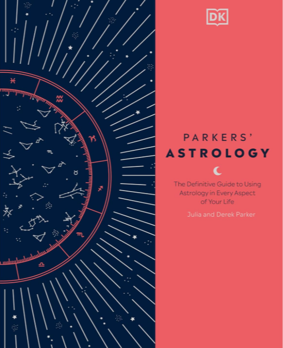 The cover of a book titled "Parker's Astrology" by Julia and Derek Parker. The design features a dark blue background with white and red astrology symbols and constellations, paired with a pink section displaying the title and authors' names.