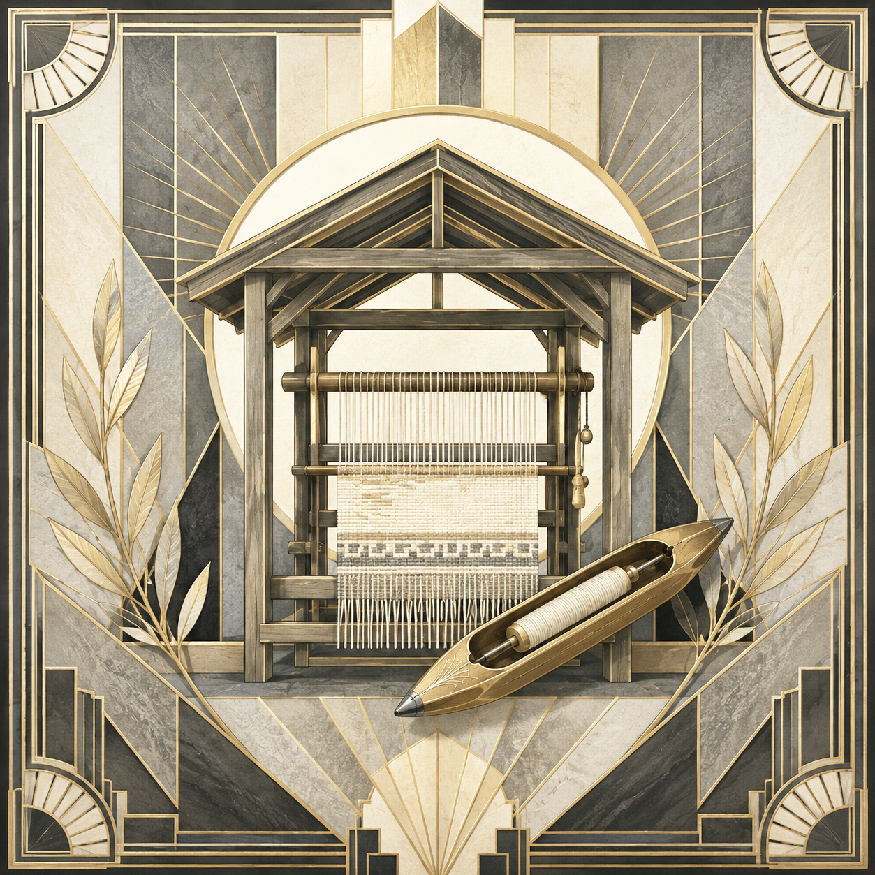 An art deco style illustration featuring a vintage wooden weaving loom with a spool of thread, gold accents, and decorative leafy patterns.
