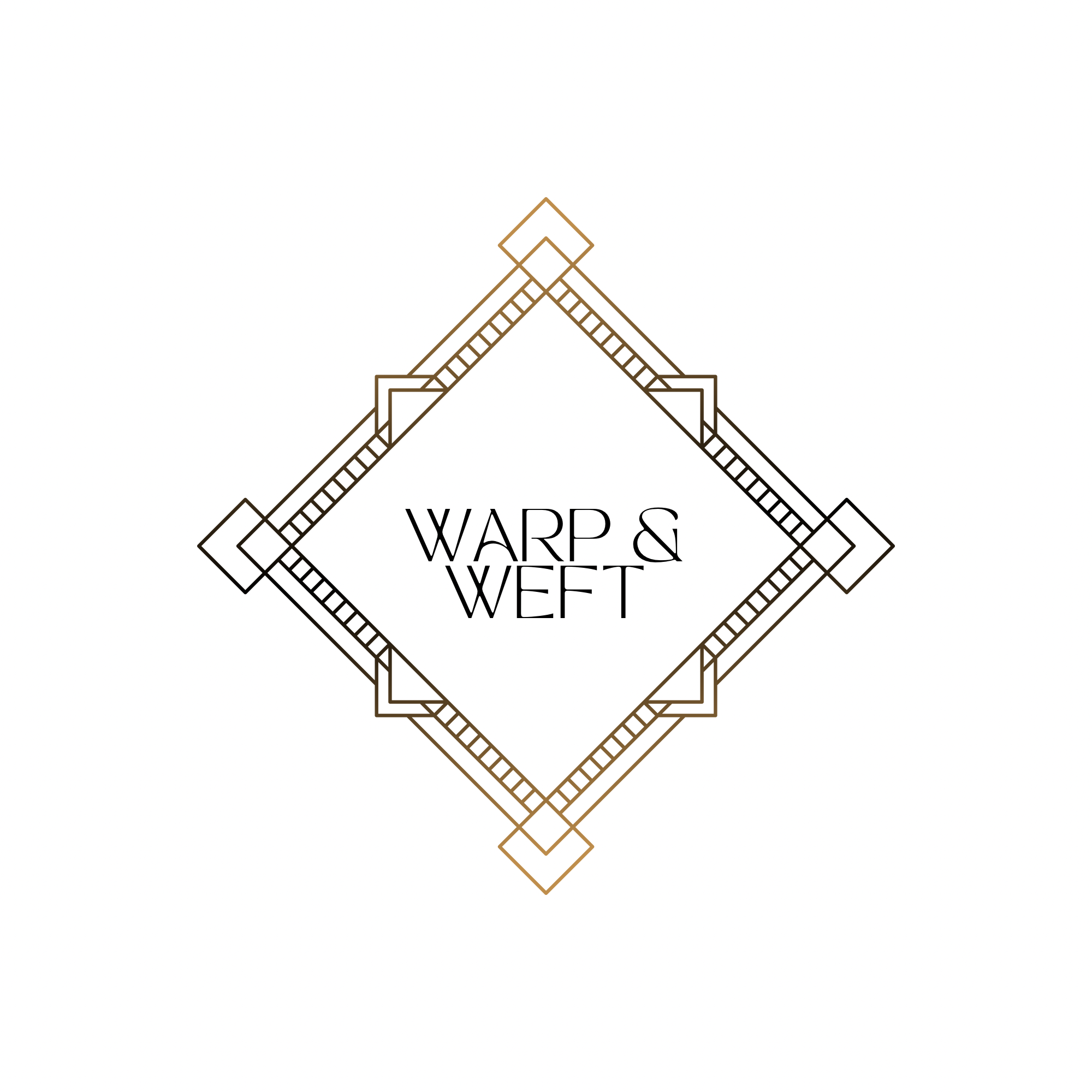 Line drawing of a decorative diamond-shaped frame with a stylized staircase inside, and the text 'WARP & WEFT' located below the frame.