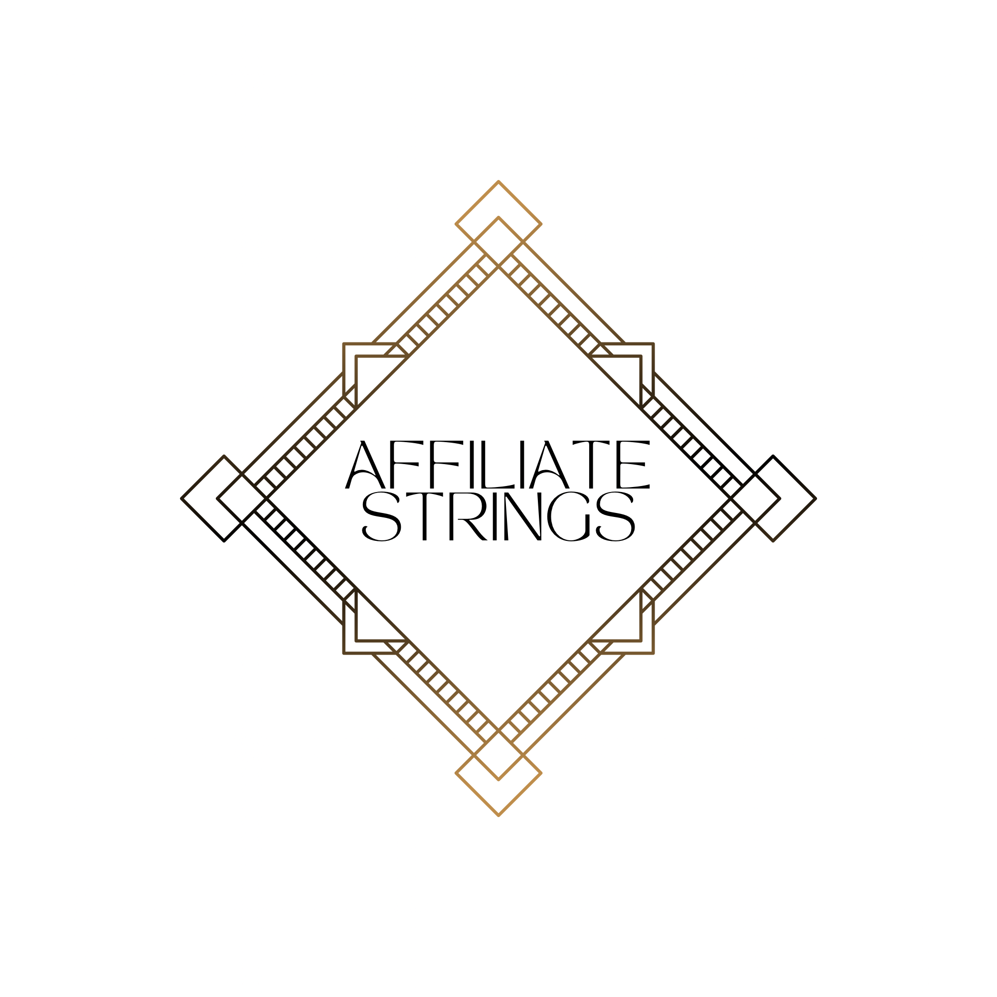 Line drawing of a diamond-shaped sign with decorative borders and the words "Affiliate Strings" in the center.