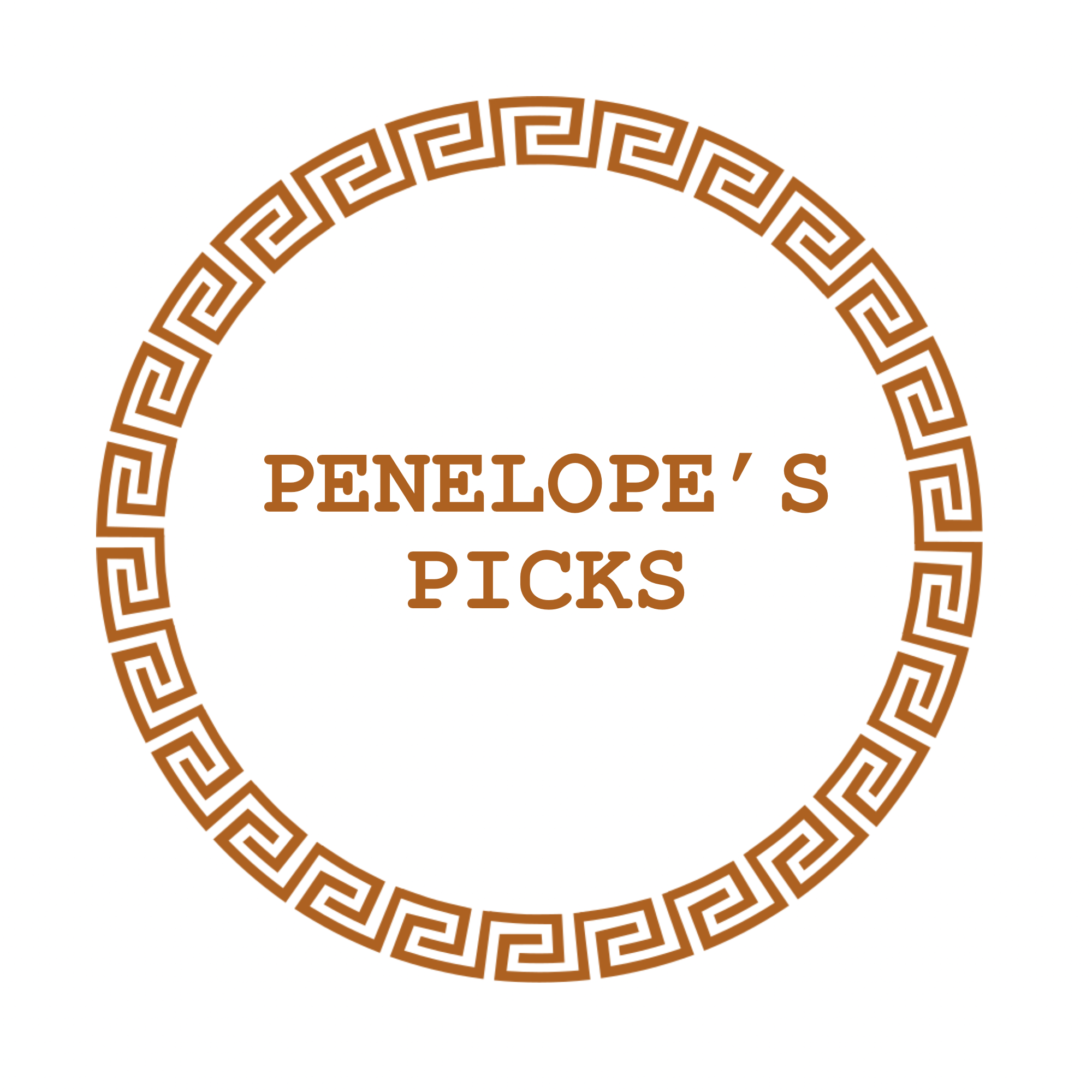 Decorative circular design with a Greek key pattern in brown on a white background and text reading "PENLOPE'S PACKS" underneath.