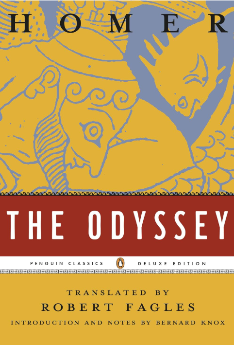 Book cover of Homer’s "The Odyssey," translated by Robert Fagles with introduction and notes by Bernard Knox, published by Penguin Classics. The cover features abstract line art with a figure, possibly Odysseus, in a decorative style.