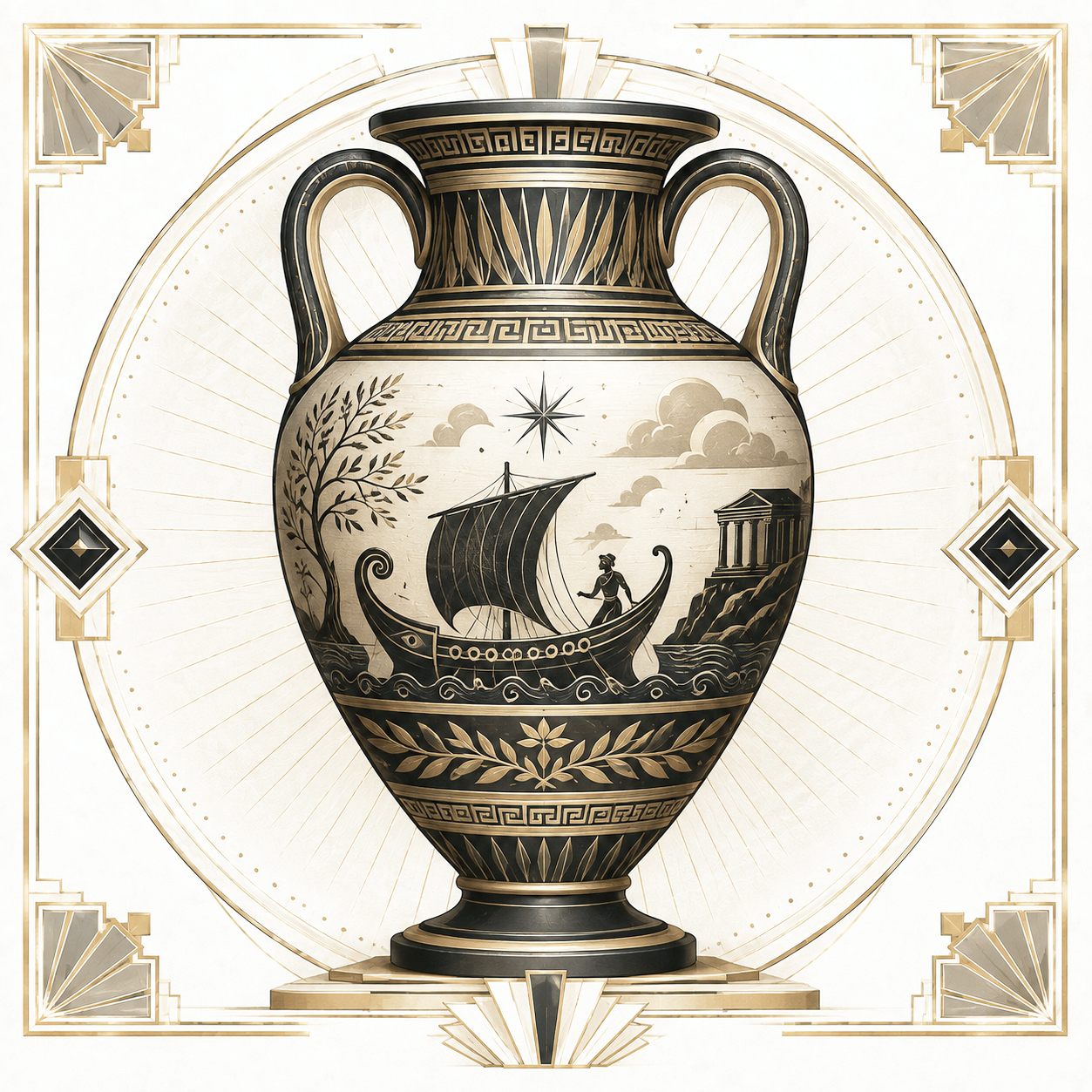 A Greek-style black and gold vase featuring a scene of a sailboat on water, a figure standing on a cliff with a building, a tree, clouds, and a star in the background.