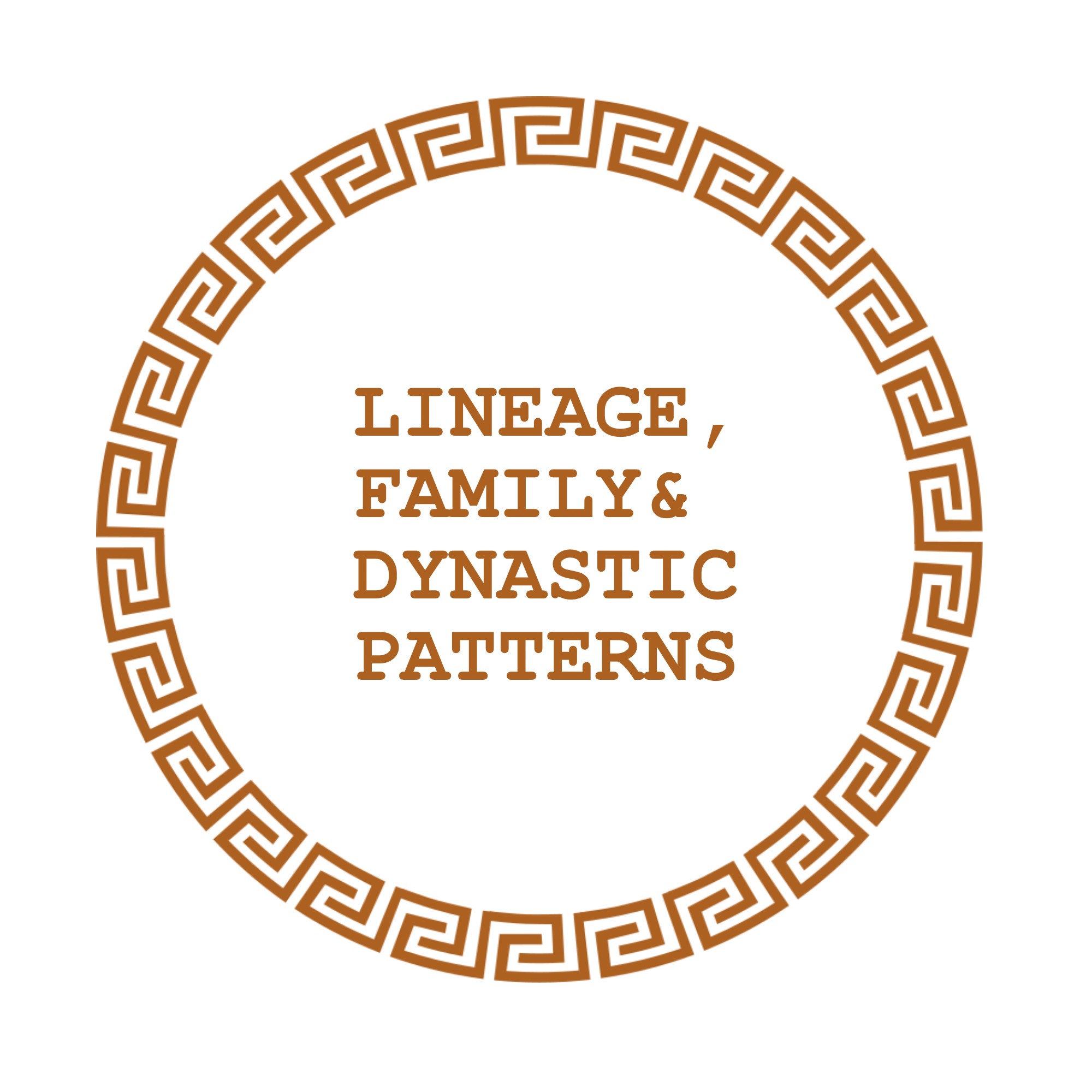 Decorative circular pattern with Greek key design in brown, surrounding text that reads 'Lineage, Family & Dynamic Patterns'.