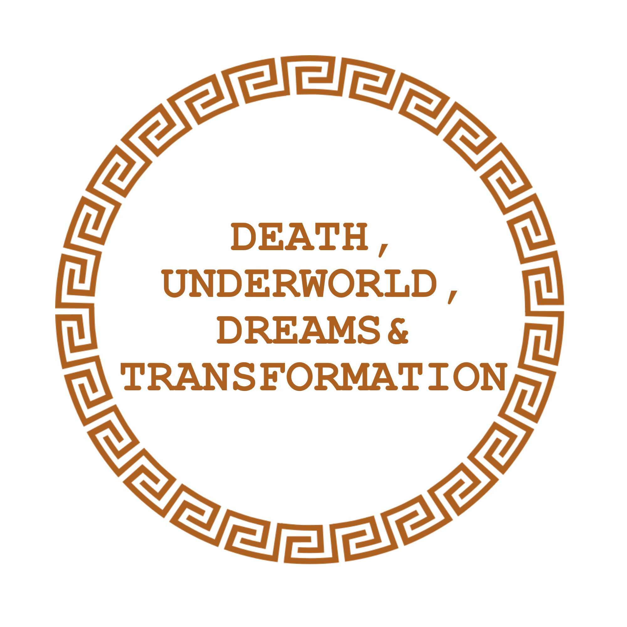 Decorative circular border with Greek key pattern and text inside reading "Death, Underworld, Transformation, Dreams."