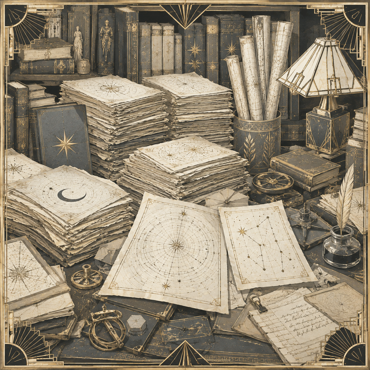 A vintage desk cluttered with stacks of old maps, books, and papers with astronomical and celestial designs, along with a lamp, ink bottle with feather quill, and various scientific instruments and stationery.