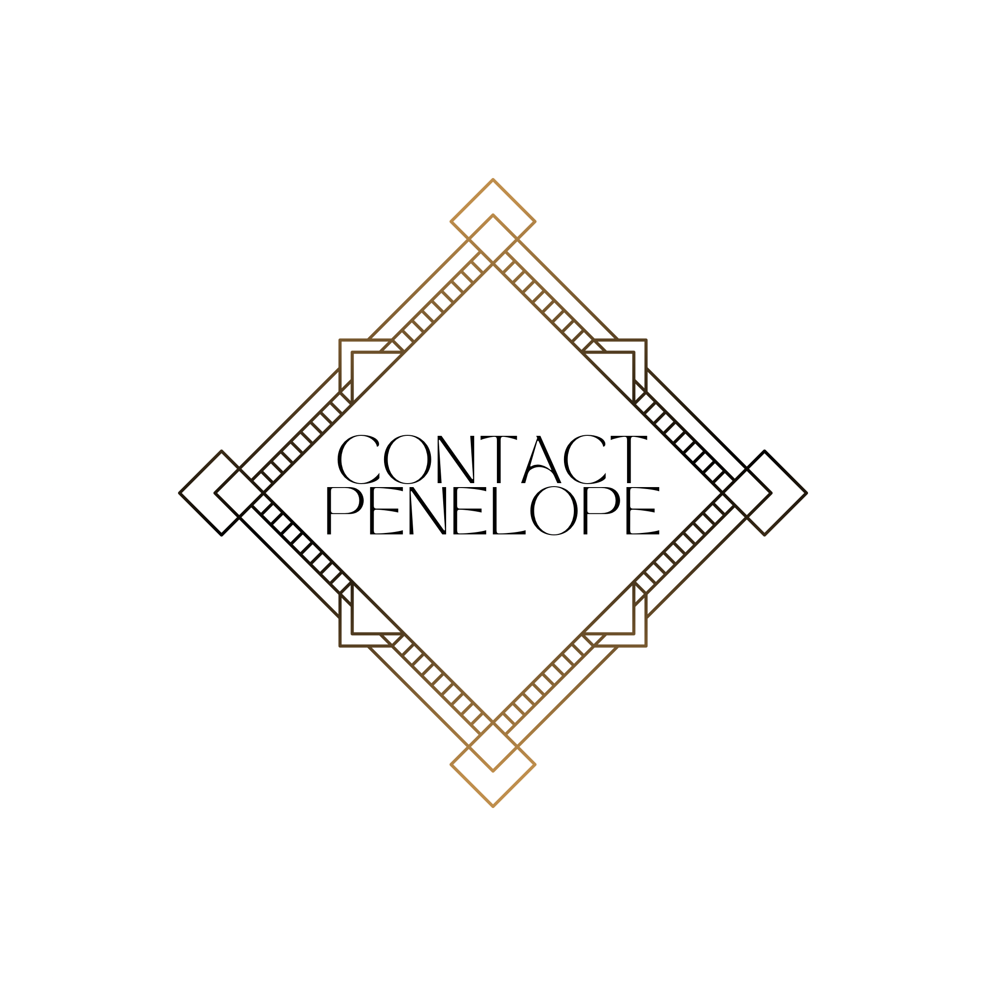 A decorative geometric design featuring overlapping squares and diamonds with the words "Contact Penelope" in the center.