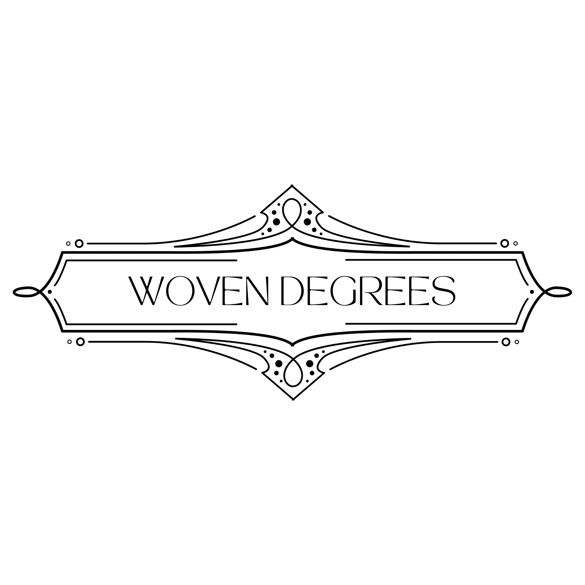 A decorative black and white line drawing with the text 'WOVEN DEGREES' inside a banner style frame.