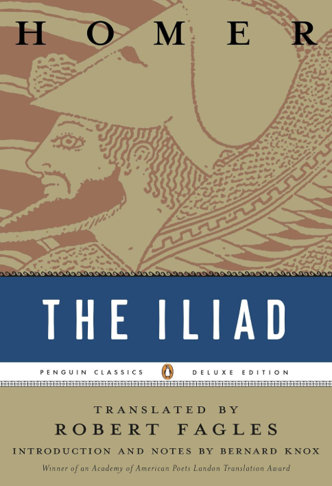 Book cover for 'The Iliad' translated by Robert Fagles, published by Penguin Classics, Deluxe Edition, featuring an illustration of Homer with a beard and a helmet.