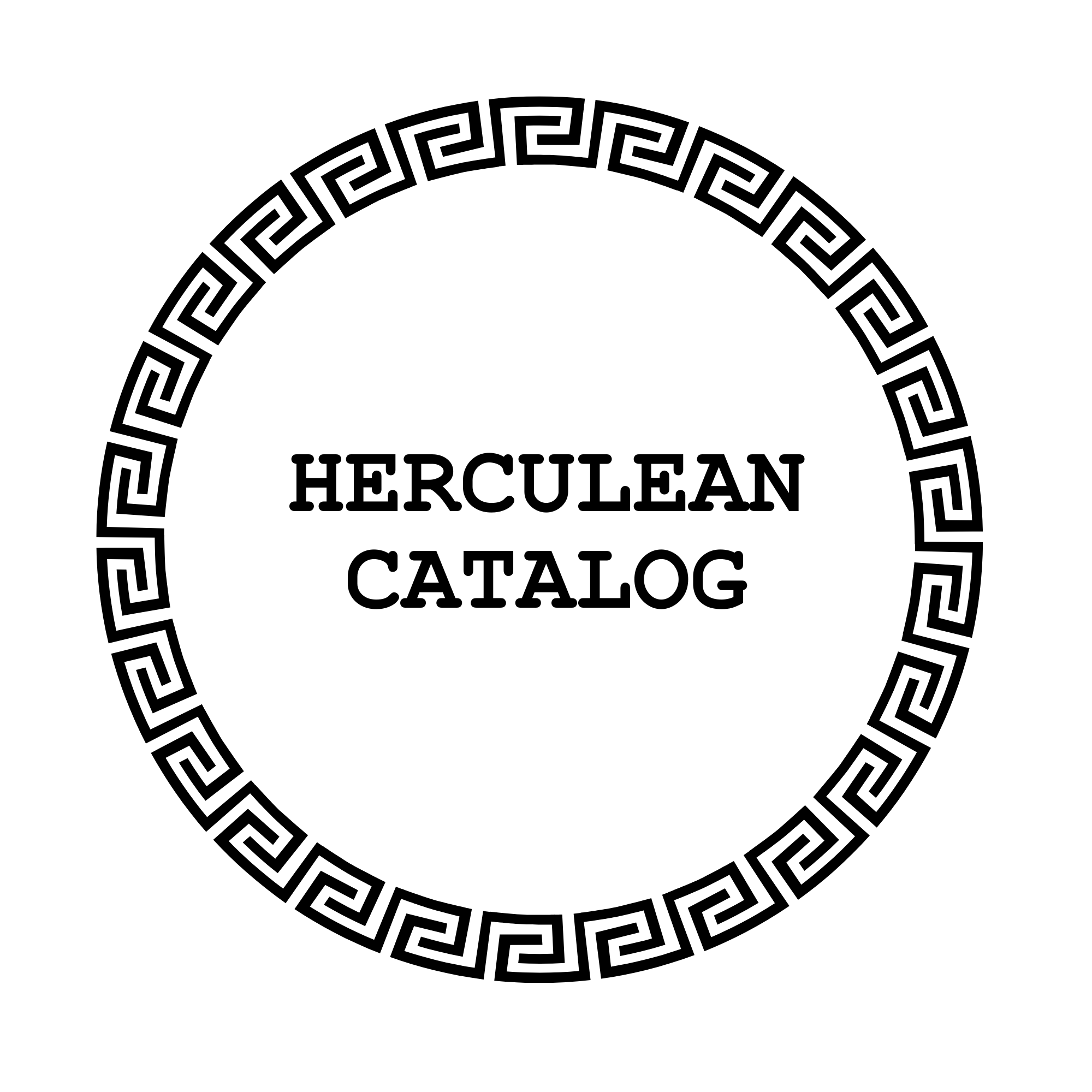 Black and white circular design with Greek key pattern border and the text 'HERCULEAN CATALOG' in the center.