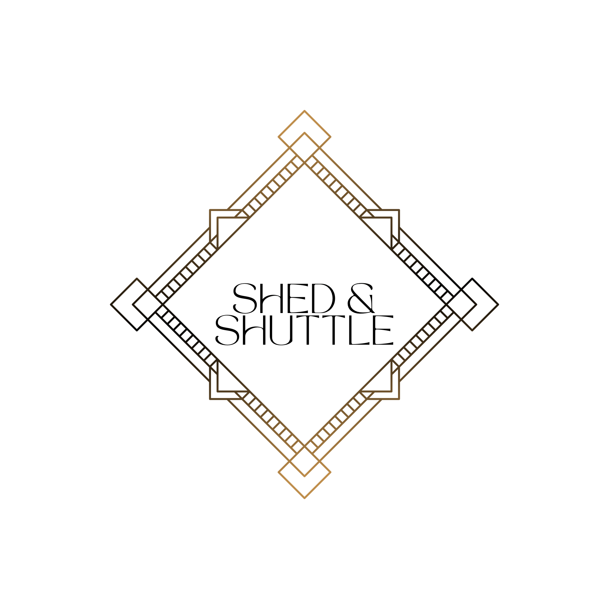 Line drawing of a decorative sign with the words "shed & shuttles" inside a diamond shape, surrounded by geometric patterns.