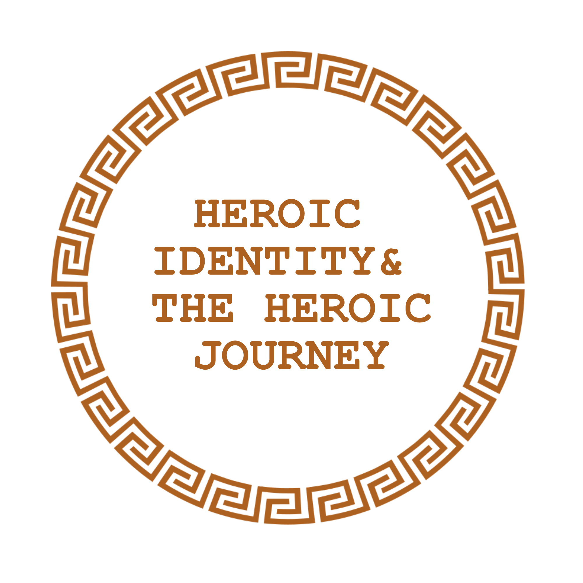 Partial view of a decorative emblem with a Greek key border and the words "Heroic Identity & the Heroic Journey" in the center.