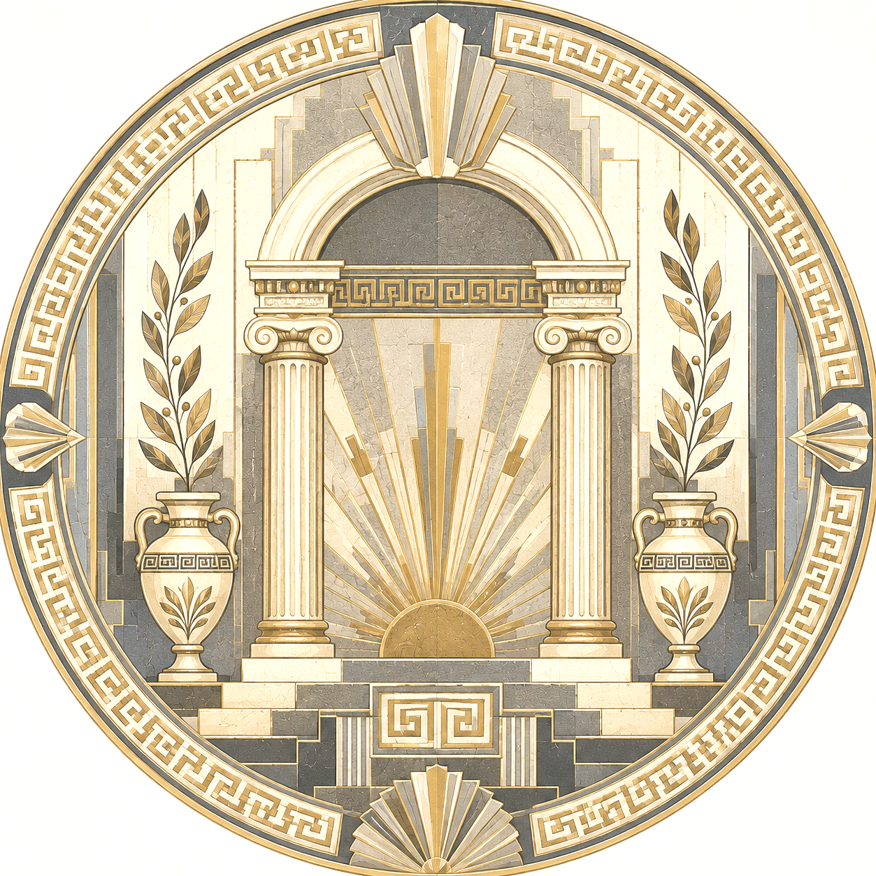 A decorative round emblem featuring classical Greek-inspired architecture with two columns, urns with laurel branches, and a radiant sunburst design in gold, cream, and gray tones.