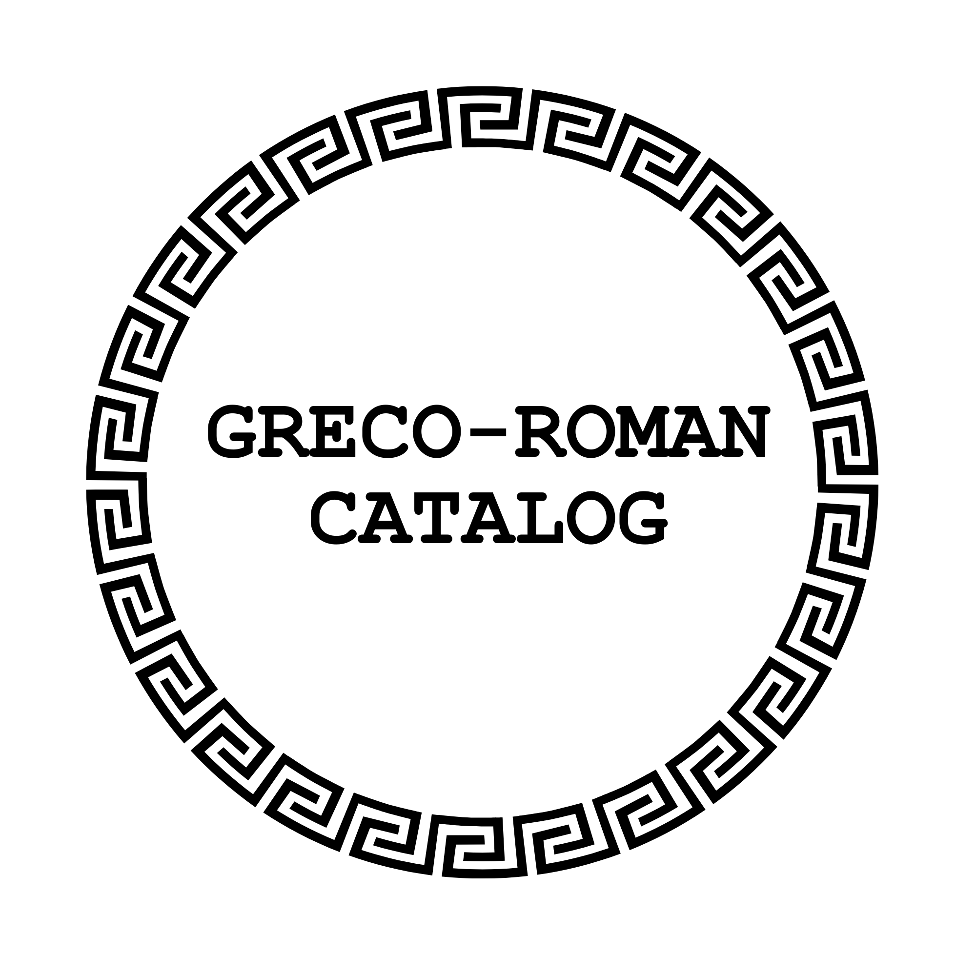 Black and white circular logo with Greek key pattern border and the words "GRECO-ROMAN CATALOG" in the center.