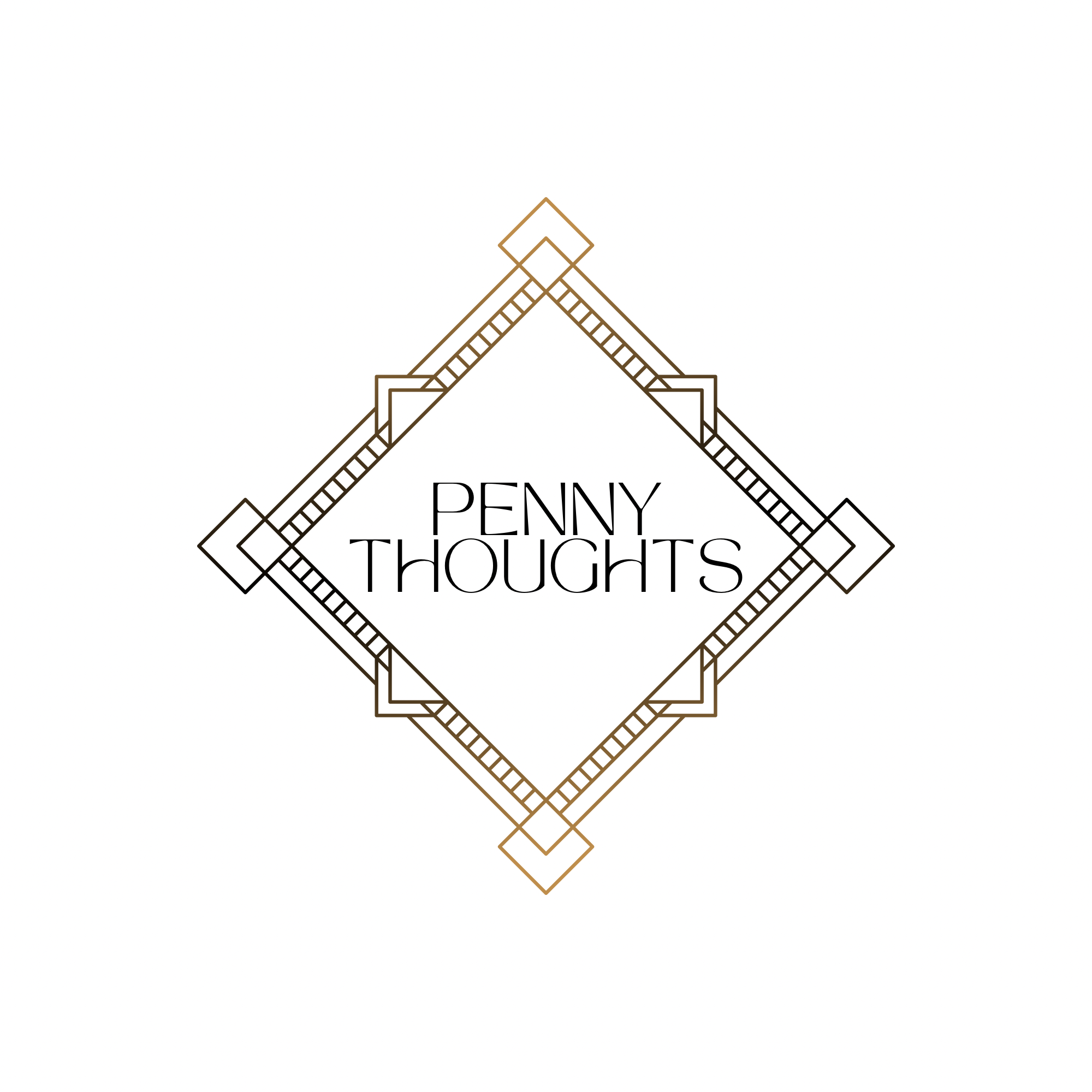 An illustration of a geometric design with a diamond shape in the center that contains text reading "Penny Thought." The design features straight lines and angular shapes in black and gold colors.