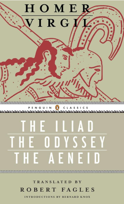 Cover of a book titled 'The Iliad, The Odyssey, The Aeneid' by Homer Virgil, translated by Robert Fagles, published by Penguin Classics, featuring a line drawing of a Greek warrior with a helmet and a spear.